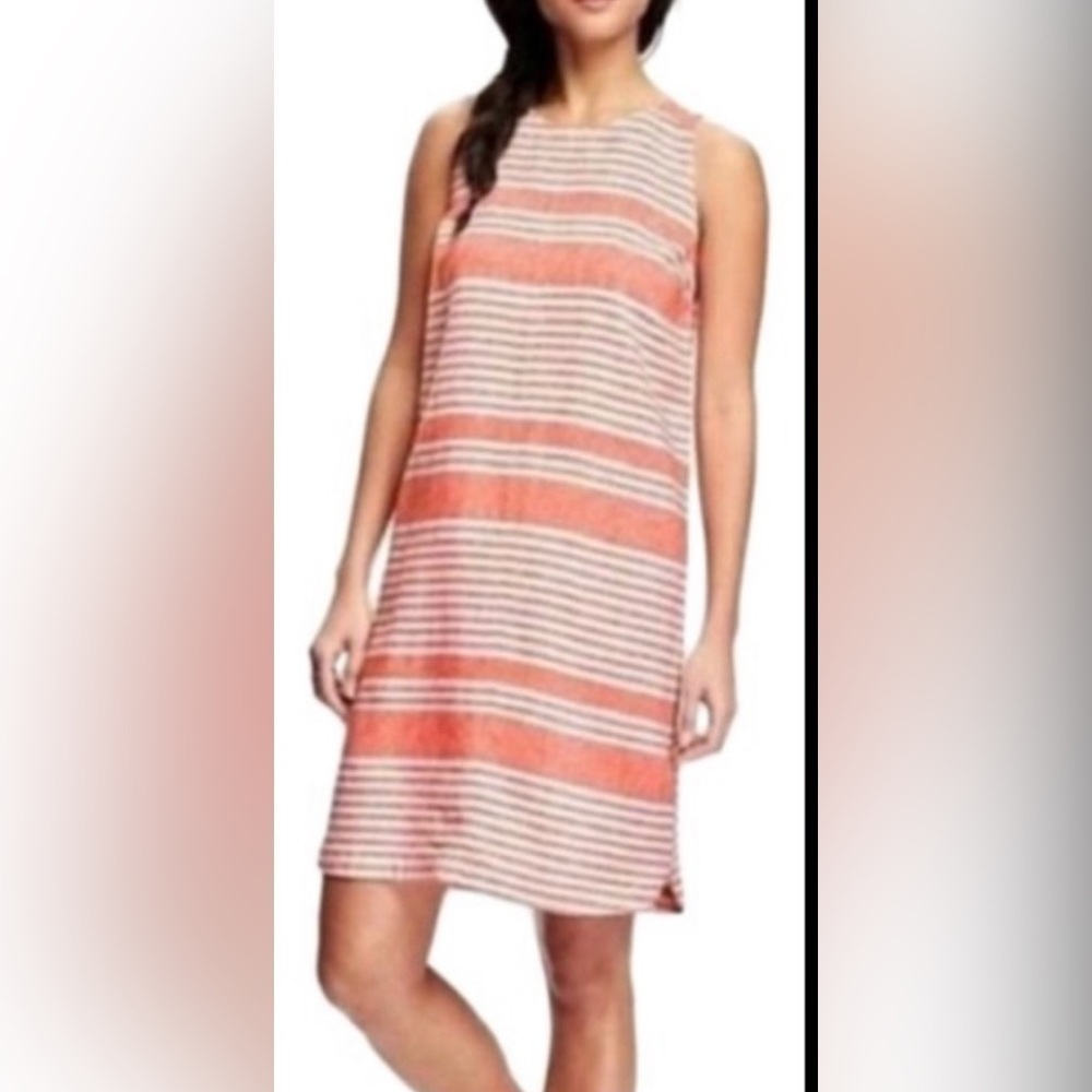Old Navy Women’s White Peach Orange Striped Sleeveless Linen Shift Dress Size XS